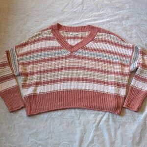 American Eagle Striped Boxy V Neck Sweater Pink Soft Size Medium